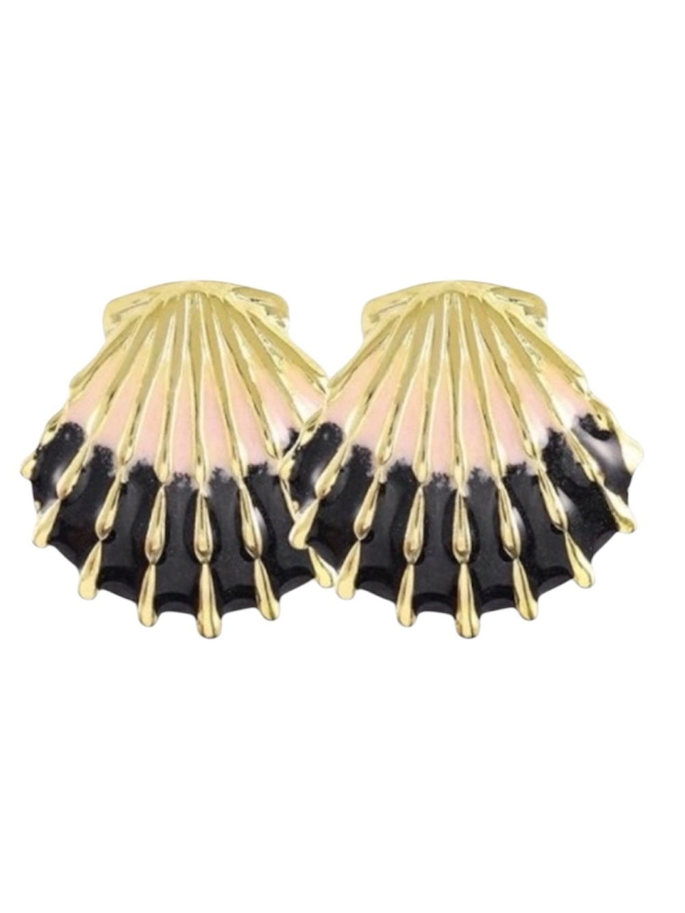 NEW Stainless Steel Gold Shell Earrings with Pink and Black Enamel